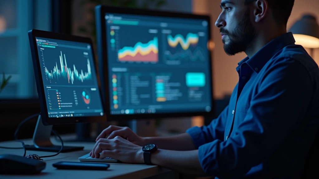 Developer reviewing model optimization metrics on a modern laptop with performance graphs displayed